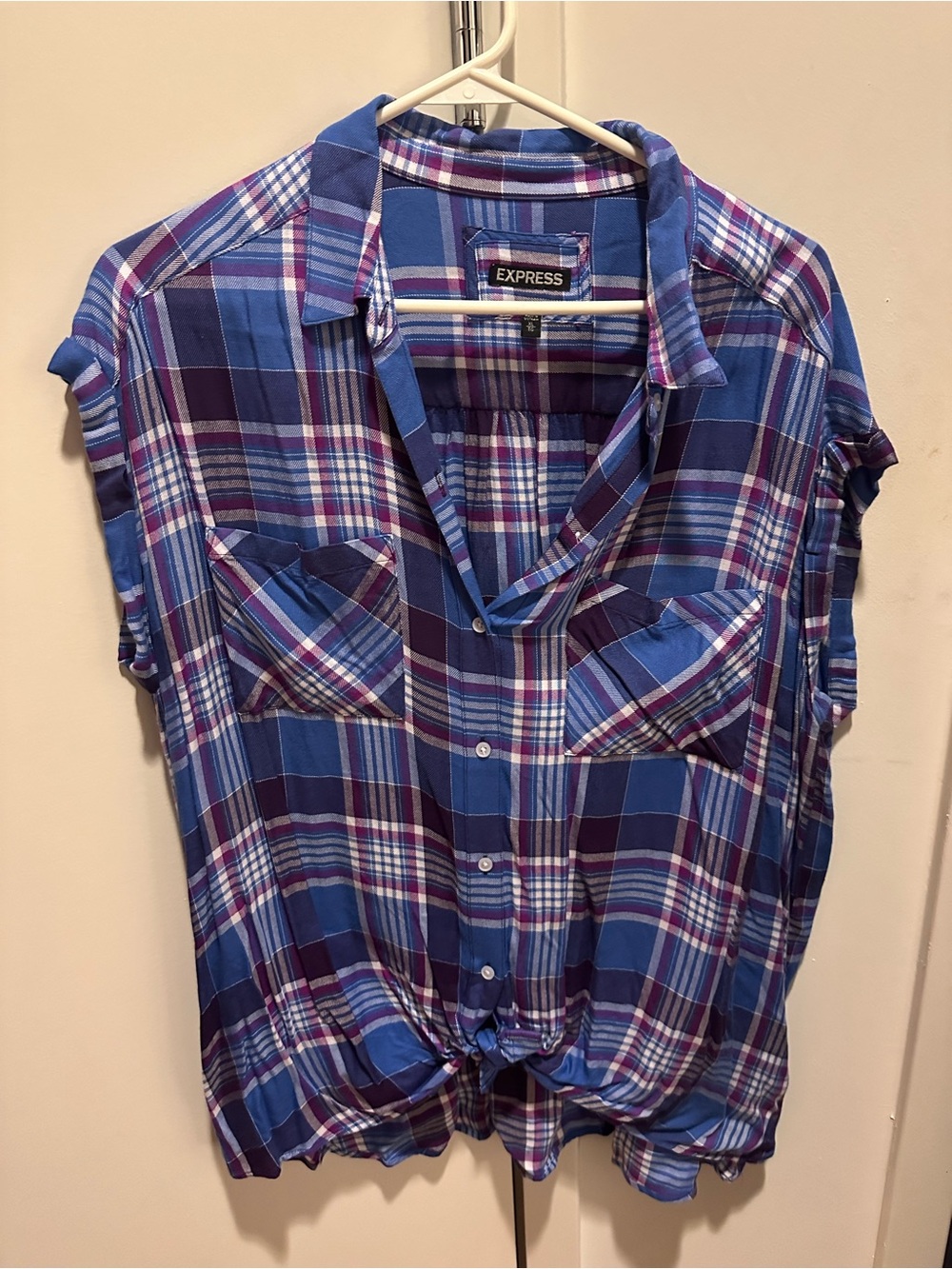 Express Blue and Purple Plaid Tie-Hem Button-Up Shirt